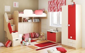 Детская комната Бэрри (Бежевый/Красный/корпус Клен) в Мирном - mirnyj.katalogmebeli.com | фото