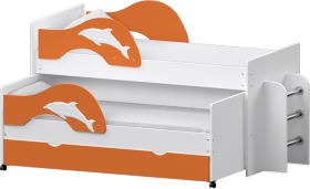 Кровать детская Дельфин выкатная с лестницей  Белый/Оранжевый в Мирном - mirnyj.katalogmebeli.com | фото